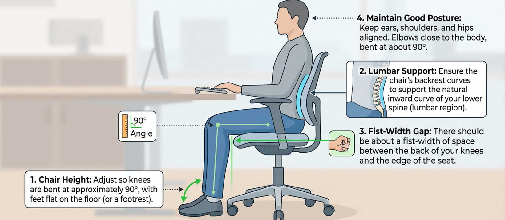 Diagram showing correct chair height adjustment with feet flat on the floor and thighs slightly below hips